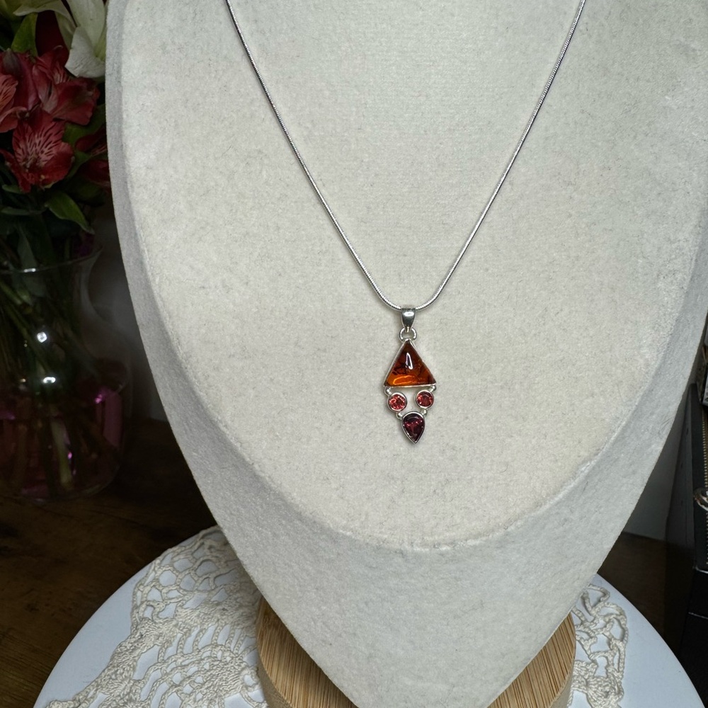 925 Baltic Poland Amber & Garnet Necklace 22”
